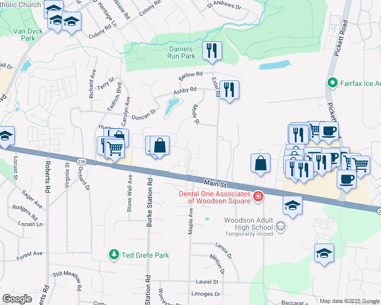 map of restaurants, bars, coffee shops, grocery stores, and more near 9848 Fairfax Square in Fairfax