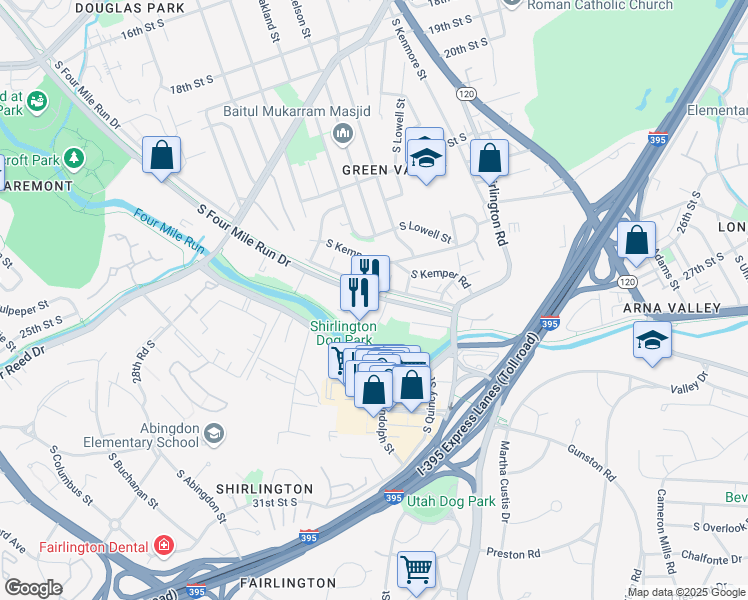 map of restaurants, bars, coffee shops, grocery stores, and more near 3700 South Four Mile Run Drive in Arlington