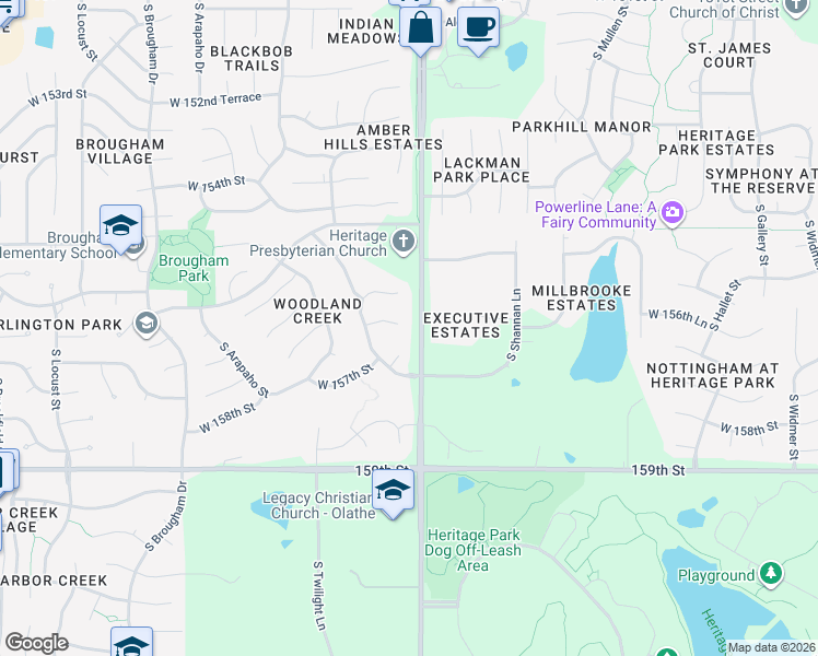 map of restaurants, bars, coffee shops, grocery stores, and more near 15102 West 157th Terrace in Olathe