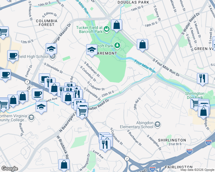 map of restaurants, bars, coffee shops, grocery stores, and more near 2439 South Culpeper Street in Arlington