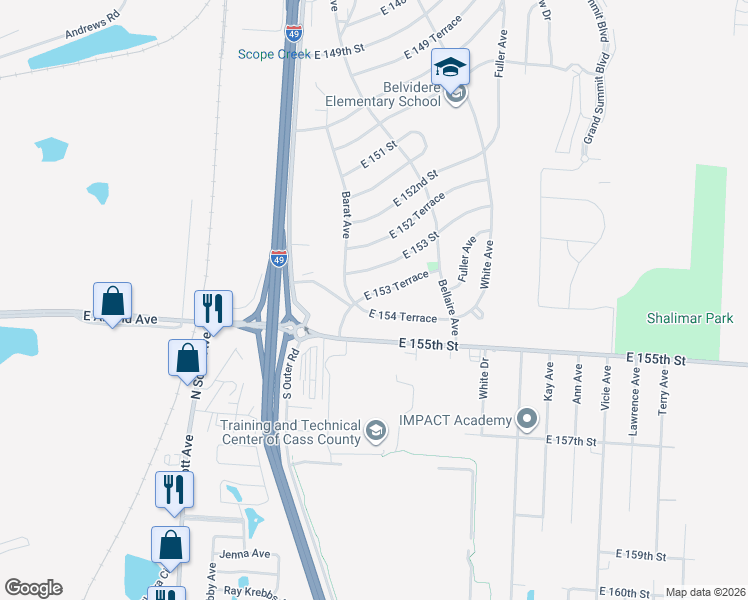 map of restaurants, bars, coffee shops, grocery stores, and more near 6005 East 154 Terrace in Grandview