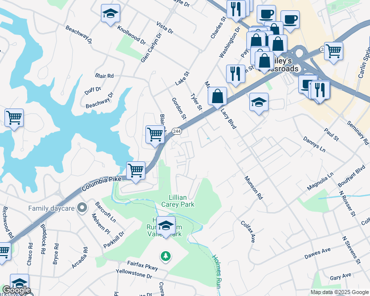 map of restaurants, bars, coffee shops, grocery stores, and more near 3611 Madison Lane in Falls Church