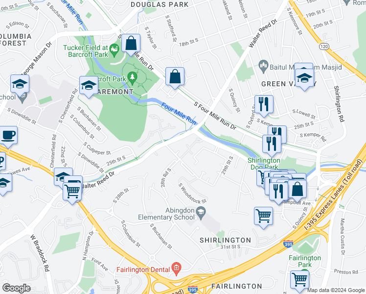 map of restaurants, bars, coffee shops, grocery stores, and more near 4537 28th Road South in Arlington