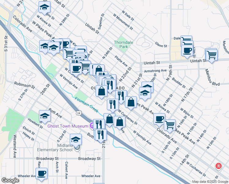 map of restaurants, bars, coffee shops, grocery stores, and more near 2117 Colorado Avenue in Colorado Springs