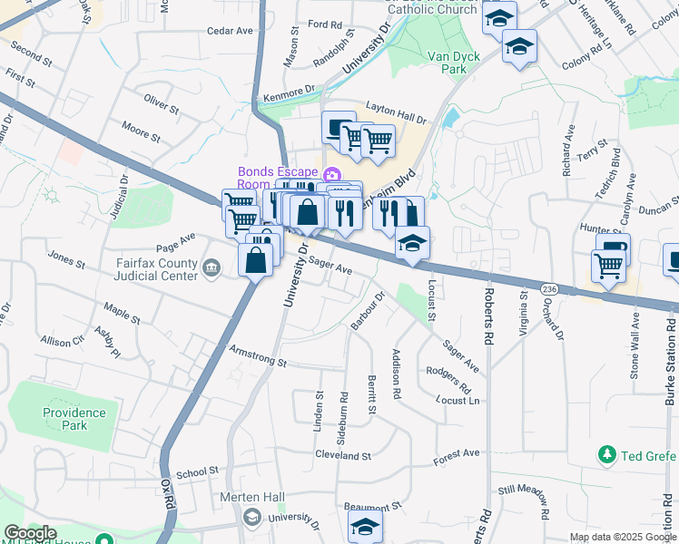 map of restaurants, bars, coffee shops, grocery stores, and more near 10361 Sager Avenue in Fairfax