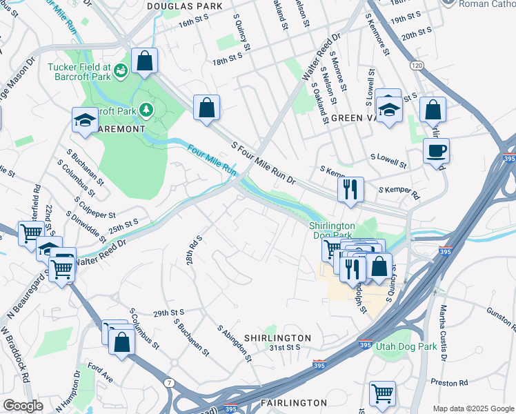 map of restaurants, bars, coffee shops, grocery stores, and more near 2502 South Arlington Mill Drive in Arlington