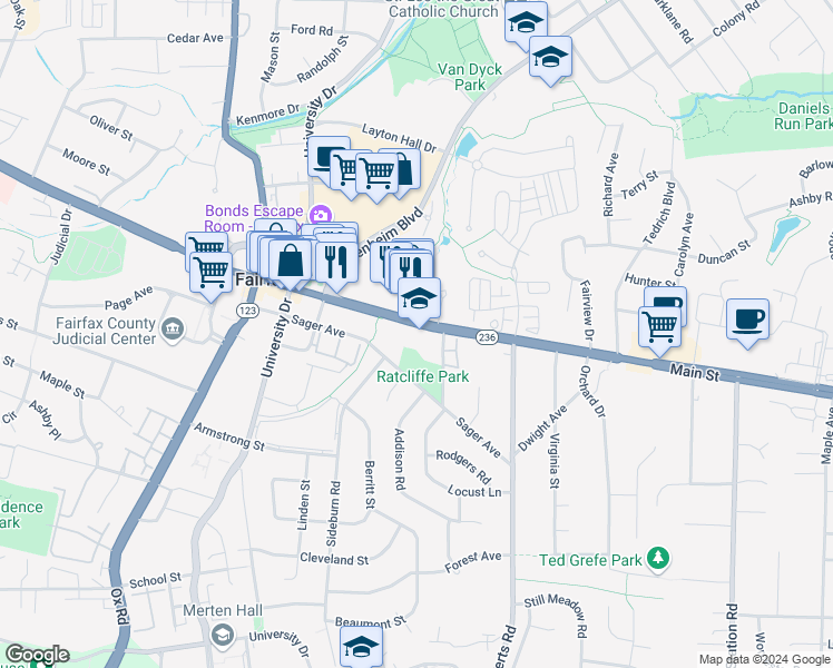 map of restaurants, bars, coffee shops, grocery stores, and more near 10209 Main Street in Fairfax