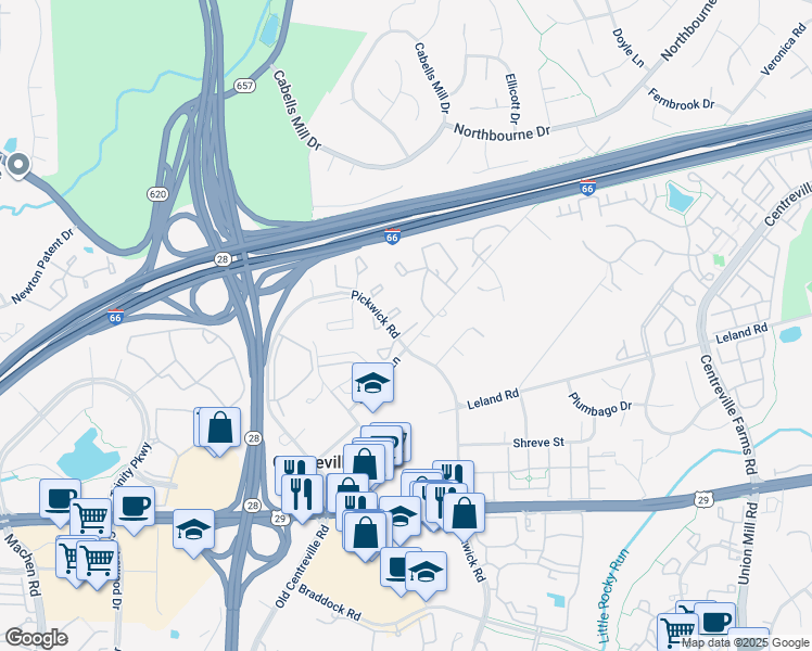 map of restaurants, bars, coffee shops, grocery stores, and more near 13810 Branham Court in Centreville
