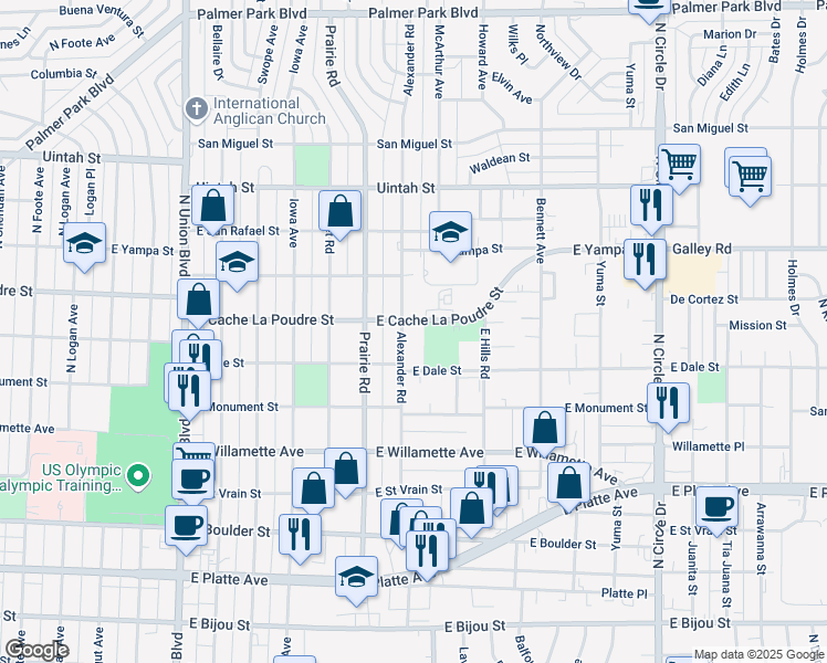 map of restaurants, bars, coffee shops, grocery stores, and more near 829 Alexander Road in Colorado Springs