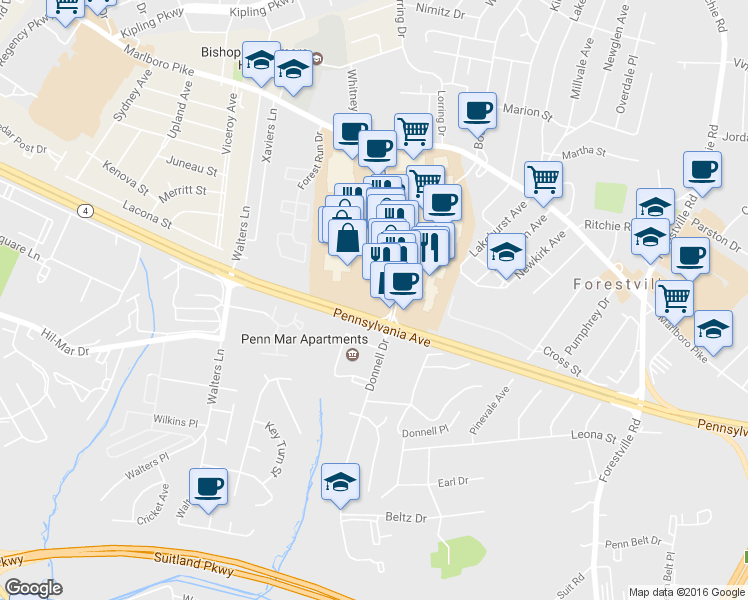 map of restaurants, bars, coffee shops, grocery stores, and more near 3447 Donnell Drive in District Heights