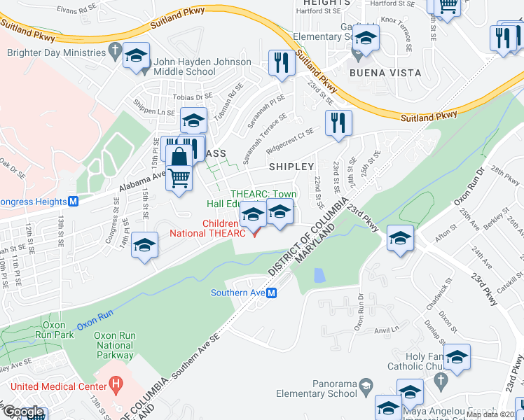 map of restaurants, bars, coffee shops, grocery stores, and more near 3512 19th Street Southeast in Washington