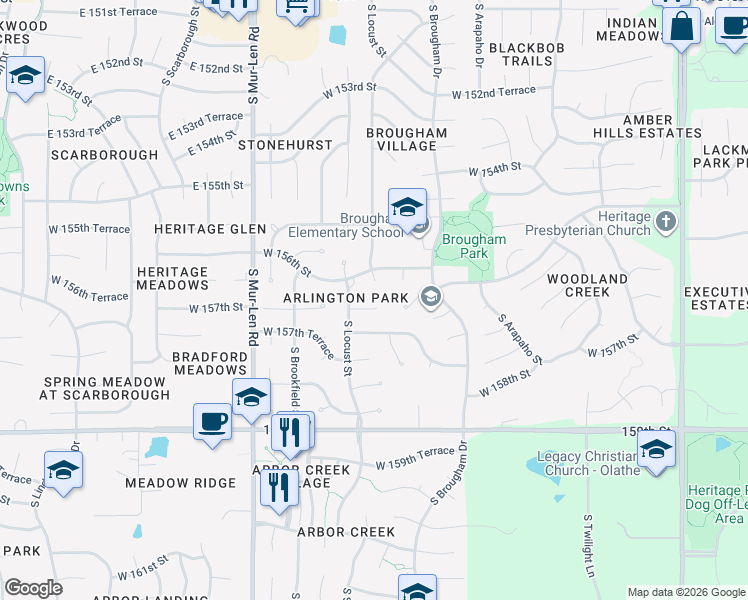 map of restaurants, bars, coffee shops, grocery stores, and more near 16398 West 156th Terrace in Olathe