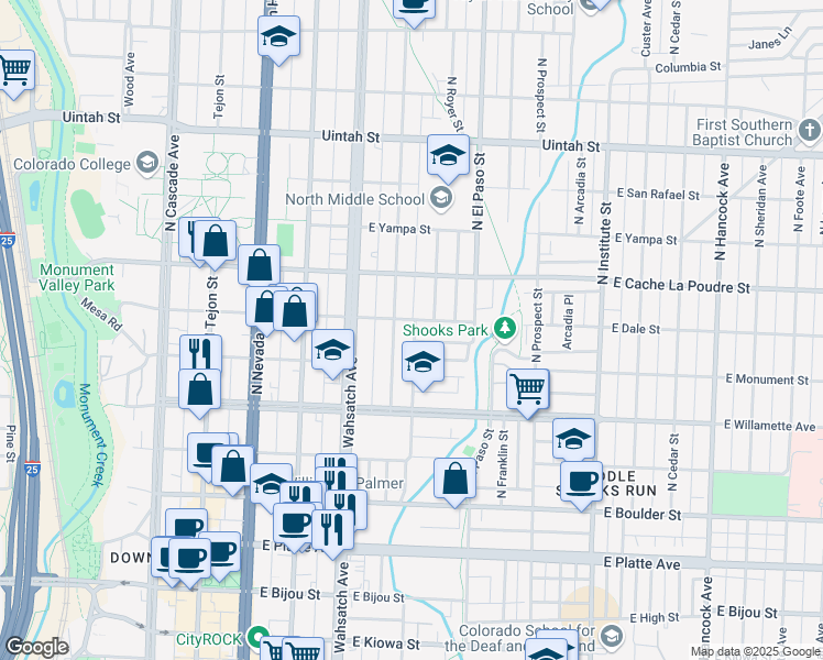 map of restaurants, bars, coffee shops, grocery stores, and more near 713 North Corona Street in Colorado Springs