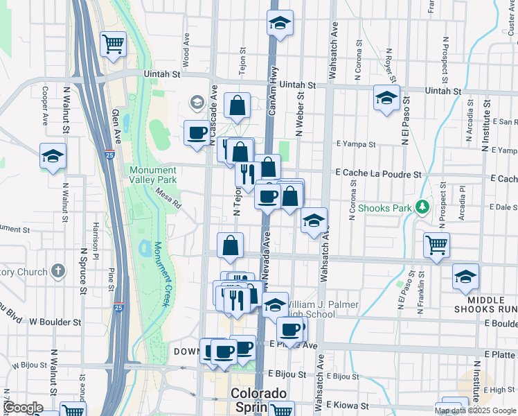map of restaurants, bars, coffee shops, grocery stores, and more near 130 East Monument Street in Colorado Springs