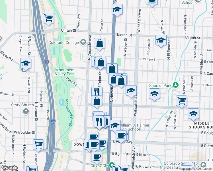 map of restaurants, bars, coffee shops, grocery stores, and more near 130 East Monument Street in Colorado Springs