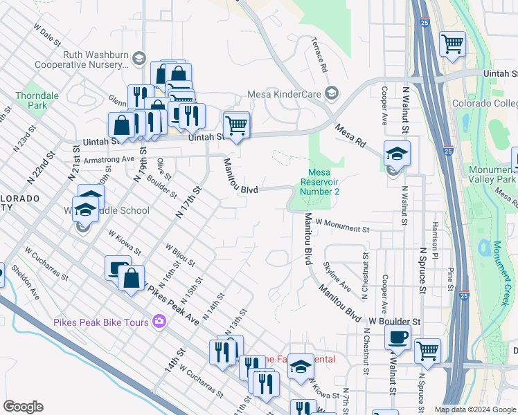 map of restaurants, bars, coffee shops, grocery stores, and more near 410 North 15th Street in Colorado Springs