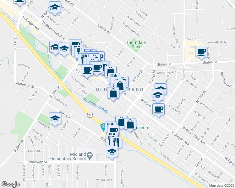 map of restaurants, bars, coffee shops, grocery stores, and more near 114 South 22nd Street in Colorado Springs