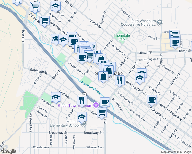 map of restaurants, bars, coffee shops, grocery stores, and more near 209 South 23rd Street in Colorado Springs