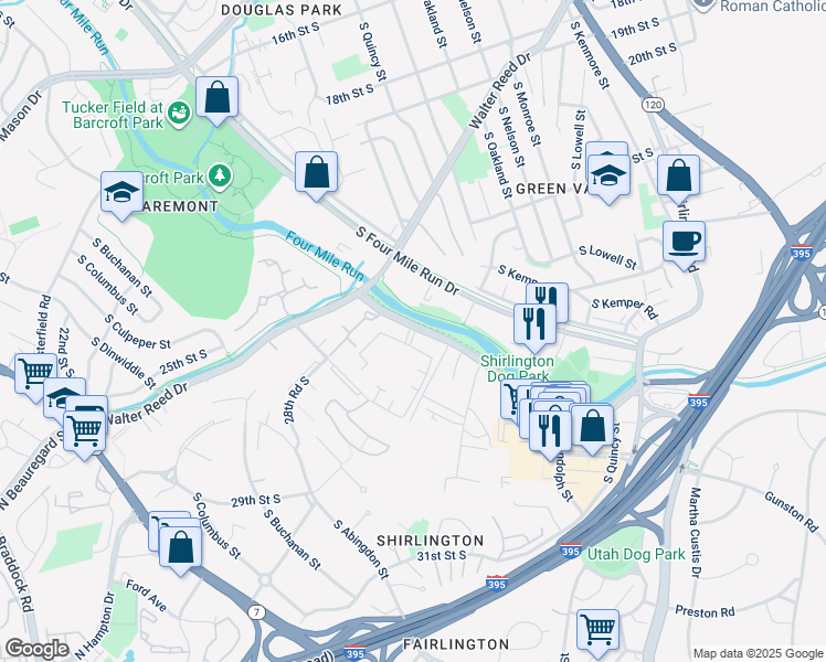 map of restaurants, bars, coffee shops, grocery stores, and more near 2572 South Arlington Mill Drive in Arlington