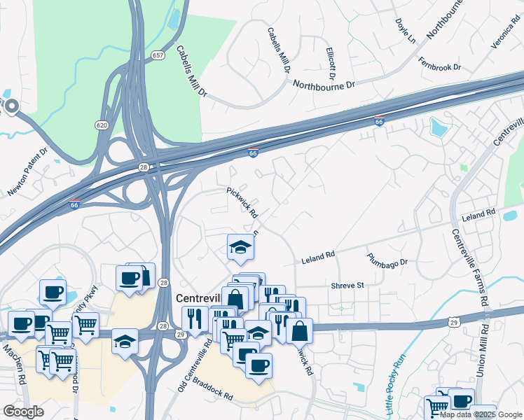 map of restaurants, bars, coffee shops, grocery stores, and more near 13810 Branham Court in Centreville