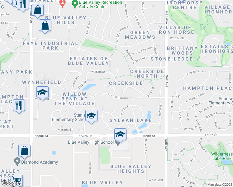 map of restaurants, bars, coffee shops, grocery stores, and more near 6015 West 157th Terrace in Overland Park
