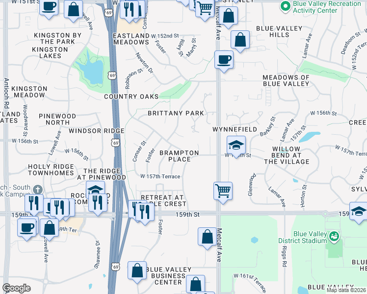 map of restaurants, bars, coffee shops, grocery stores, and more near 7309 West 156th Street in Overland Park