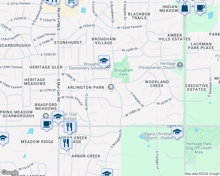 map of restaurants, bars, coffee shops, grocery stores, and more near 16115 West 156th Place in Olathe
