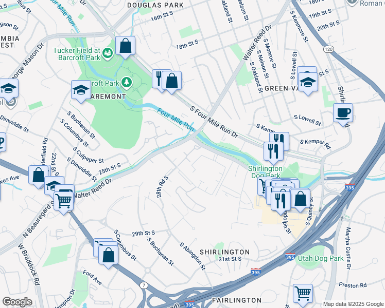map of restaurants, bars, coffee shops, grocery stores, and more near 4522 28th Road South in Arlington
