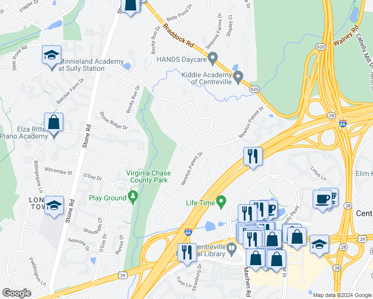 map of restaurants, bars, coffee shops, grocery stores, and more near 14423 Black Horse Court in Centreville