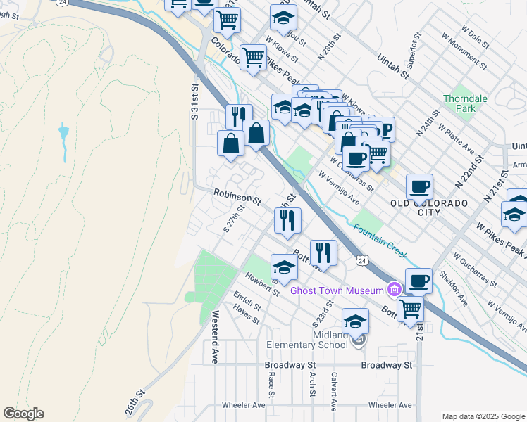 map of restaurants, bars, coffee shops, grocery stores, and more near 2617 Robinson Street in Colorado Springs