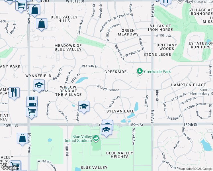 map of restaurants, bars, coffee shops, grocery stores, and more near 15715 Beverly Street in Overland Park