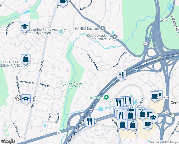 map of restaurants, bars, coffee shops, grocery stores, and more near 14423 Black Horse Court in Centreville