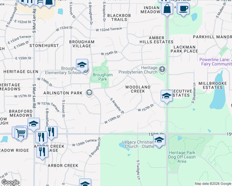 map of restaurants, bars, coffee shops, grocery stores, and more near 15529 South Arapaho Street in Olathe