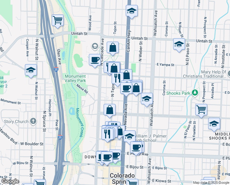 map of restaurants, bars, coffee shops, grocery stores, and more near 704 North Tejon Street in Colorado Springs