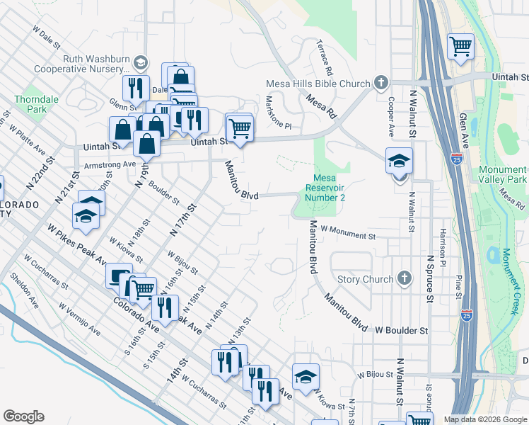 map of restaurants, bars, coffee shops, grocery stores, and more near 410 North 15th Street in Colorado Springs