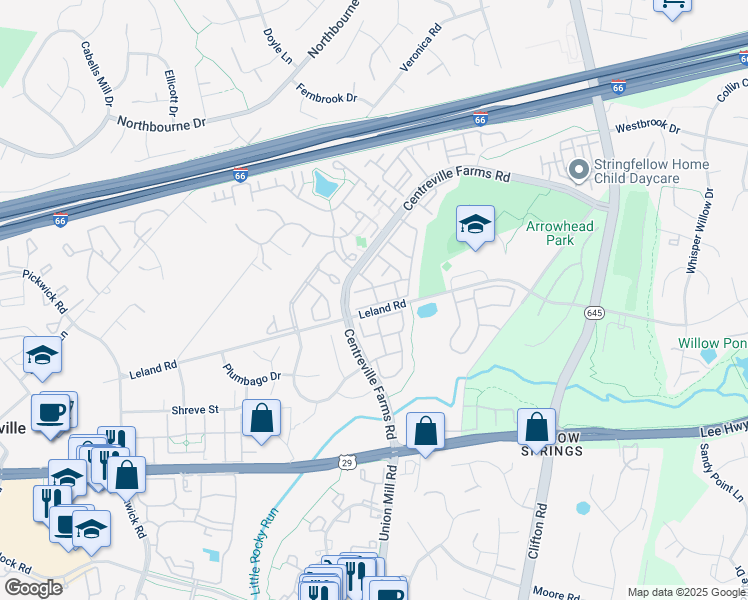 map of restaurants, bars, coffee shops, grocery stores, and more near 5286 Jule Star Drive in Centreville