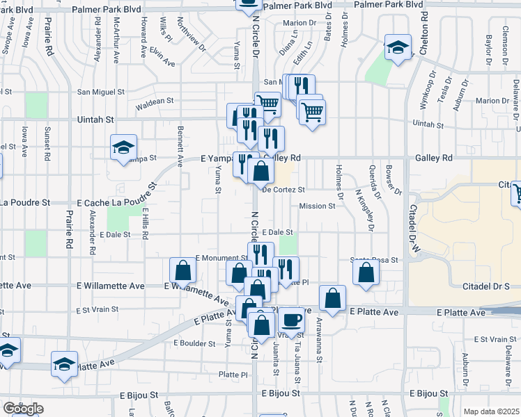 map of restaurants, bars, coffee shops, grocery stores, and more near 807 North Circle Drive in Colorado Springs