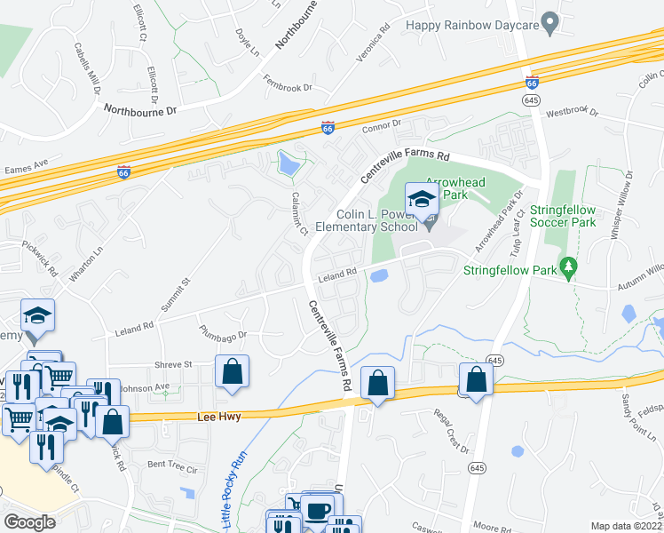 map of restaurants, bars, coffee shops, grocery stores, and more near 5286 Jule Star Drive in Centreville