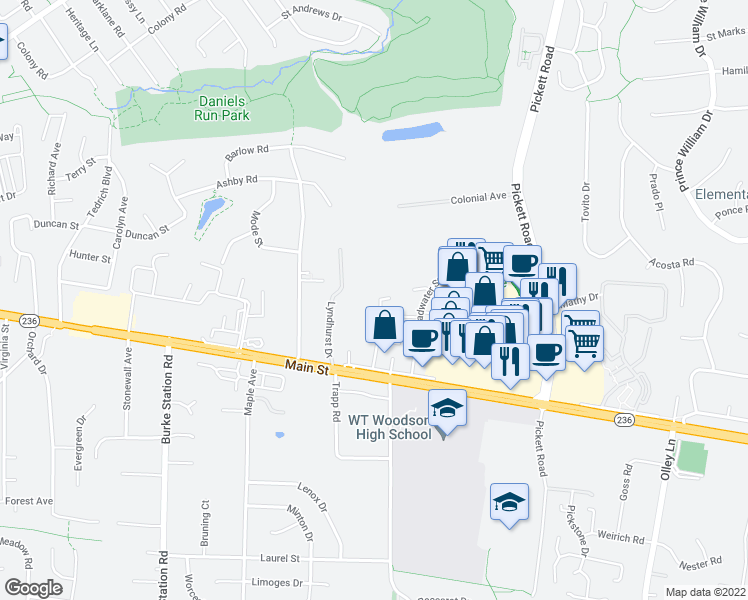 map of restaurants, bars, coffee shops, grocery stores, and more near 3927 Wilcoxson Drive in Fairfax