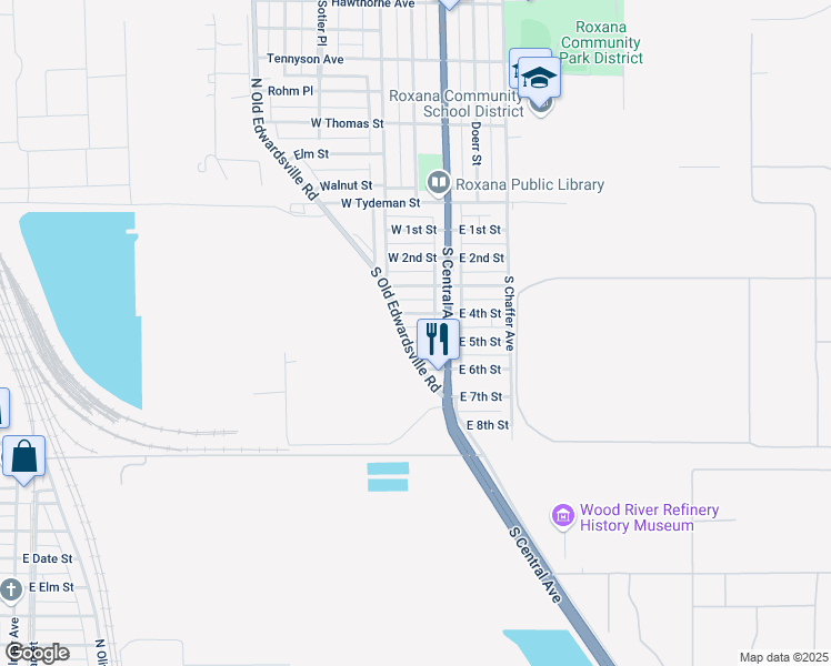 map of restaurants, bars, coffee shops, grocery stores, and more near 114 West 6th Street in Roxana