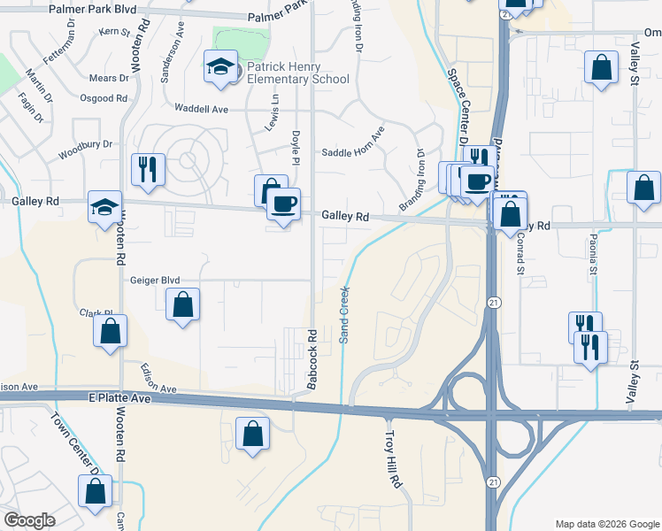 map of restaurants, bars, coffee shops, grocery stores, and more near 730 Babcock Road in Colorado Springs