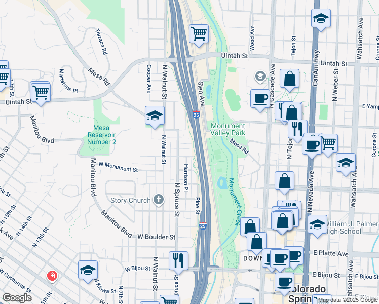 map of restaurants, bars, coffee shops, grocery stores, and more near 738 Harrison Place in Colorado Springs