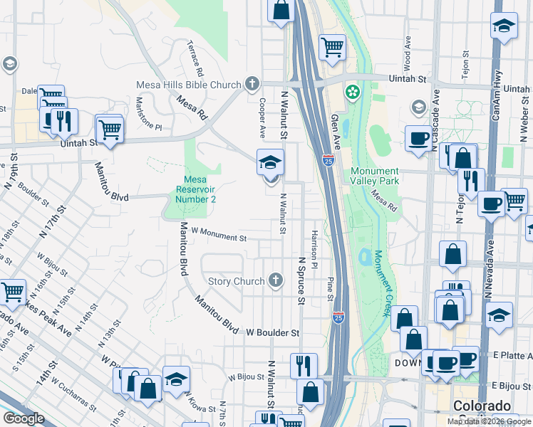 map of restaurants, bars, coffee shops, grocery stores, and more near 533 West Dale Street in Colorado Springs
