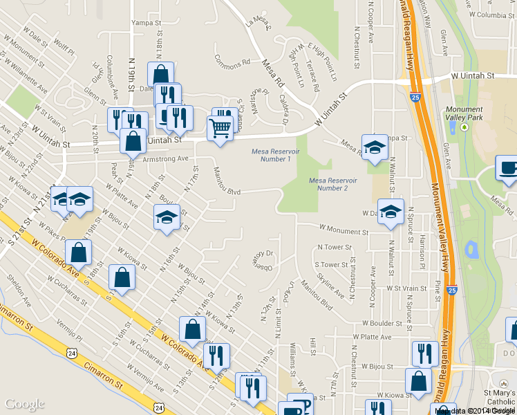 map of restaurants, bars, coffee shops, grocery stores, and more near 410 North 15th Street in Colorado Springs