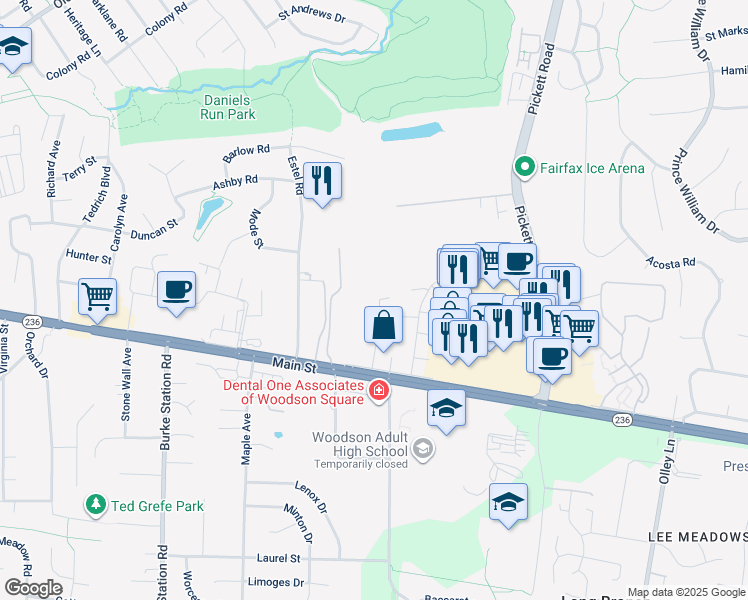 map of restaurants, bars, coffee shops, grocery stores, and more near 3927 Wilcoxson Drive in Fairfax