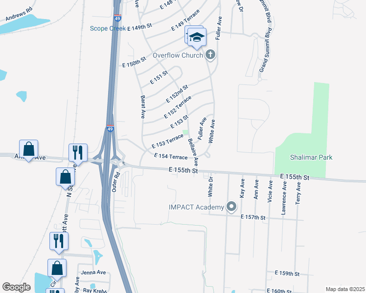 map of restaurants, bars, coffee shops, grocery stores, and more near 6400 East 154 Terrace in Grandview