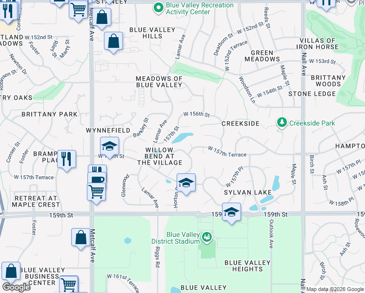 map of restaurants, bars, coffee shops, grocery stores, and more near 15719 Horton Lane in Overland Park