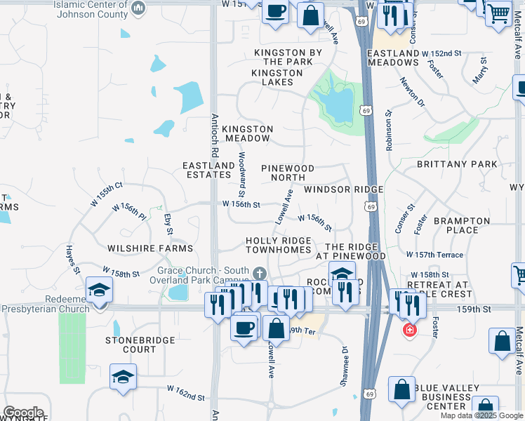 map of restaurants, bars, coffee shops, grocery stores, and more near 7903 West 156th Terrace in Overland Park