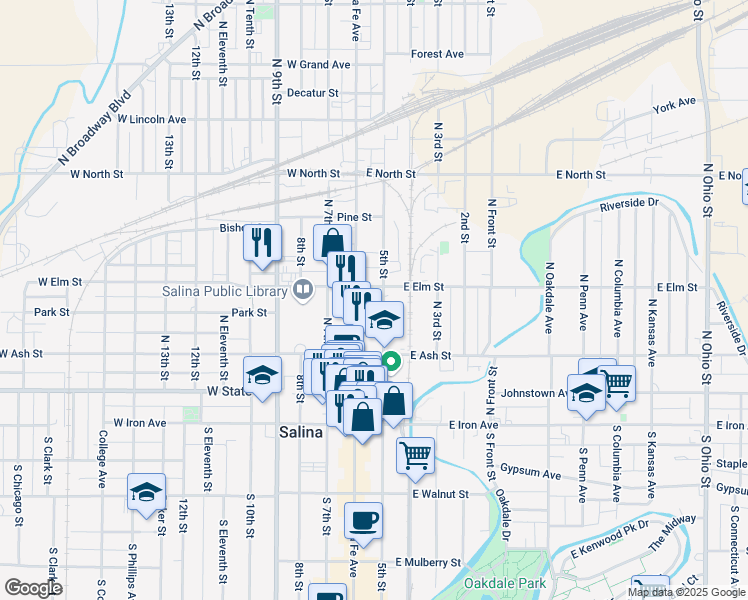 map of restaurants, bars, coffee shops, grocery stores, and more near 225 North 5th Street in Salina