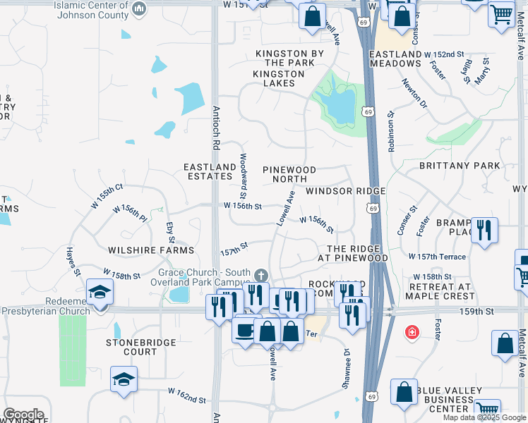 map of restaurants, bars, coffee shops, grocery stores, and more near 7903 West 156th Terrace in Overland Park